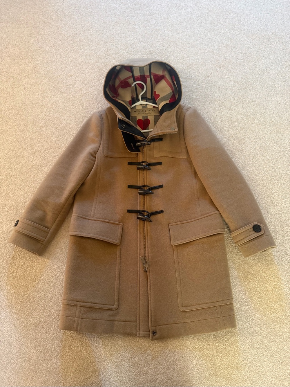 LIMITED COLLECTING - Camel Hooded Duffle Coat with Heart-Print Lining